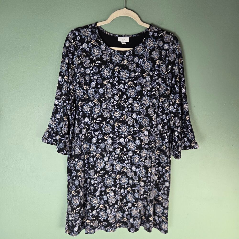 J.Jill Womens Floral Tunic Top XL Petite Black Blue Boho Stretch Office Workwear